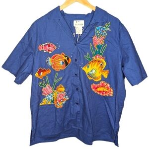 The Quacker Factory Beaded Embroidered Coral Reef Fish Button Tshirt Womans 2X
